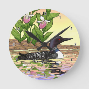 MN State Bird Flower Loon Lady Slipper Runde Wanduhr