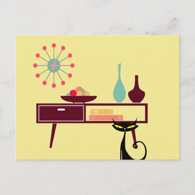 Möbel für die Katzenuhr des MCM-Atomzeitalters Pos Postkarte (Vorderseite)
