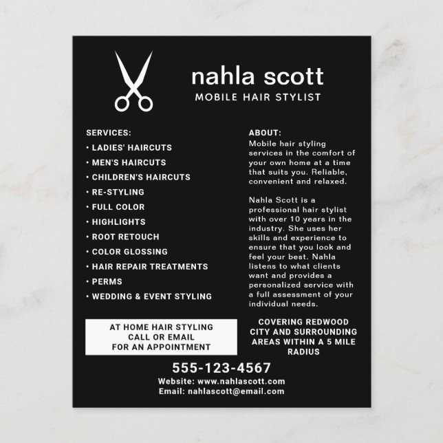 Mobile Hair Stylist Scheren Modernes Schwarz Flyer (Vorne)