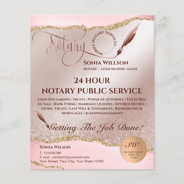 Mobile Notar & Loan Signature Agent Pink Agate Fly Flyer (Vorne)