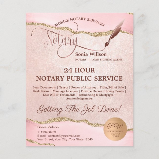 Mobile Notar & Loan Signature Agent Pink Agate Fly Flyer (Vorne)