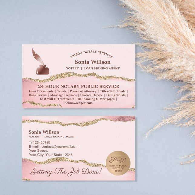 Mobile Notar & Loan Signature Agent Pink Agate Fly Visitenkarte (Von Creator hochgeladen)