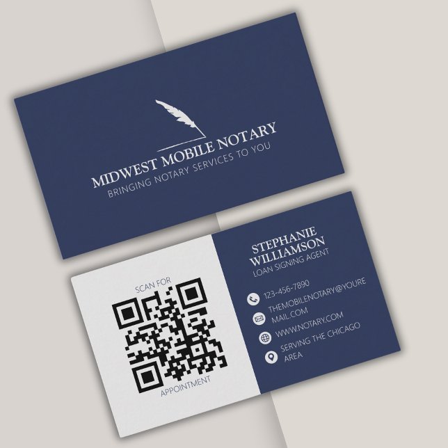 Mobile Notar Moderner QR-Code Navy Feather Visitenkarte (Von Creator hochgeladen)