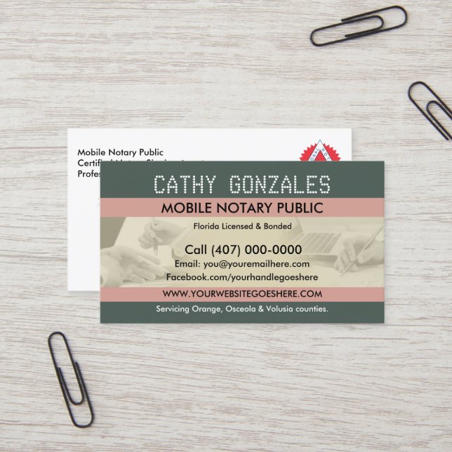 Mobile Notar Public Business Card Visitenkarte (Vorderseite/Rückseite Beispiel)