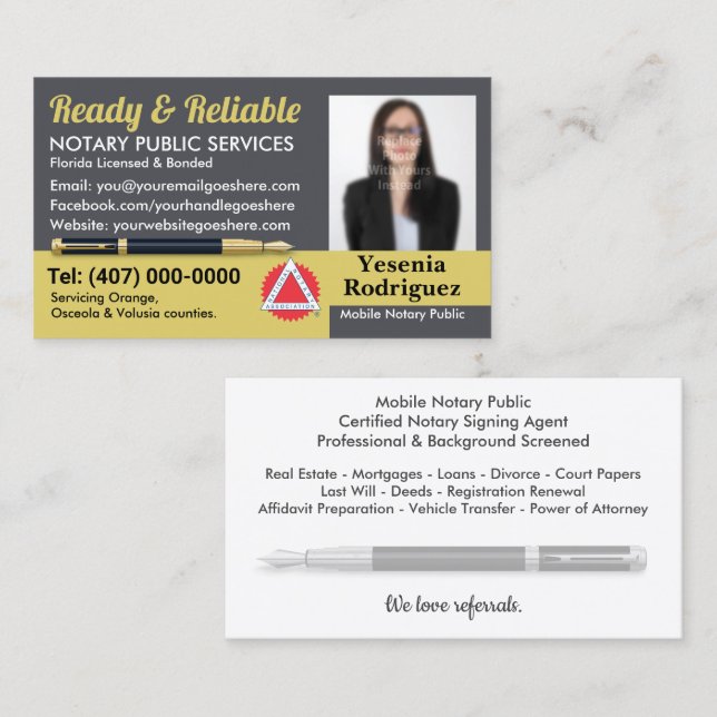 Mobile Notar Public Customizable Foto Business C Visitenkarte (Vorne/Hinten)