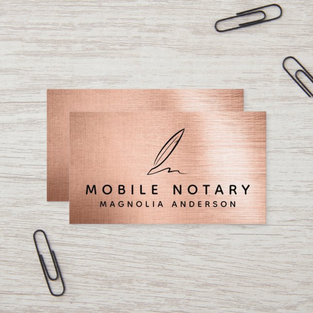 Mobile Notar Quill Rose Gold Brushed Metal Visitenkarte (Vorderseite/Rückseite Beispiel)