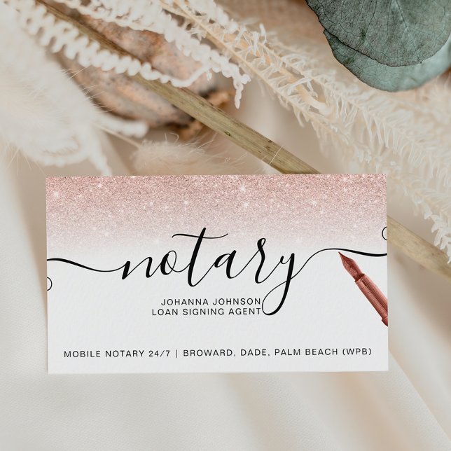 Mobile Notary chic typography Rose Gold Glitzer Visitenkarte (Von Creator hochgeladen)