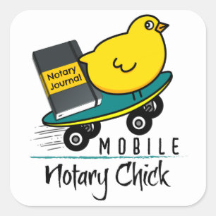 Mobile Notary Chick Riding Skateboard mit Journal Quadratischer Aufkleber