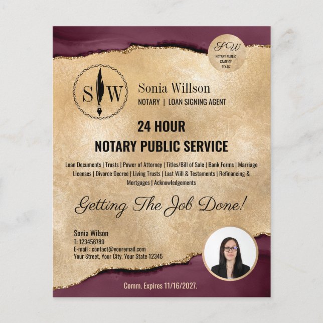 Mobile Notary & Loan Signing Agent Burgundy Gold Flyer (Vorne)