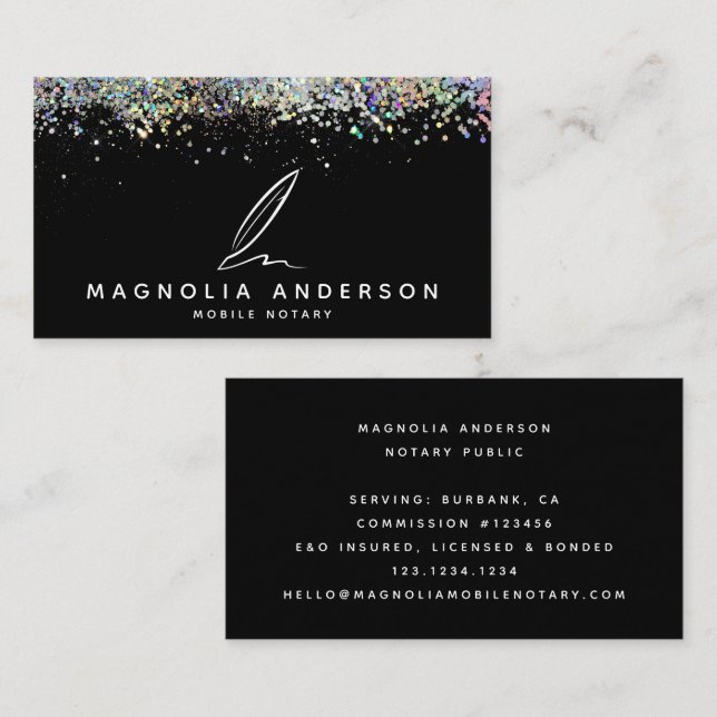 Mobile Notary Quill Black Glitzer Visitenkarte (Vorne/Hinten)