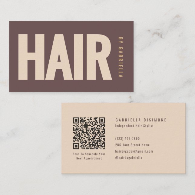 Mocha-Beige-Minimalist-Friseurstylist-QR-Code Visitenkarte (Vorne/Hinten)