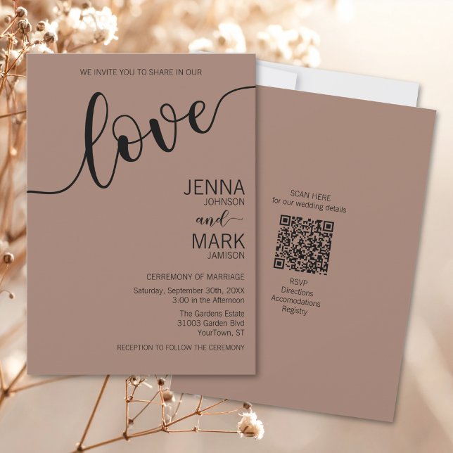 Mocha Black Love Script Minimalist Wedding Einladung (Von Creator hochgeladen)