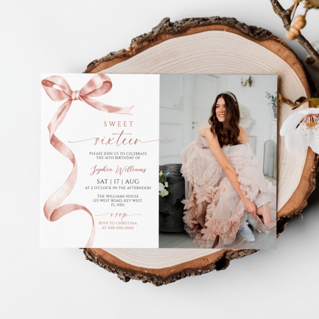 Mocha Bow Foto Sweet 16 Birthday Einladung (Von Creator hochgeladen)