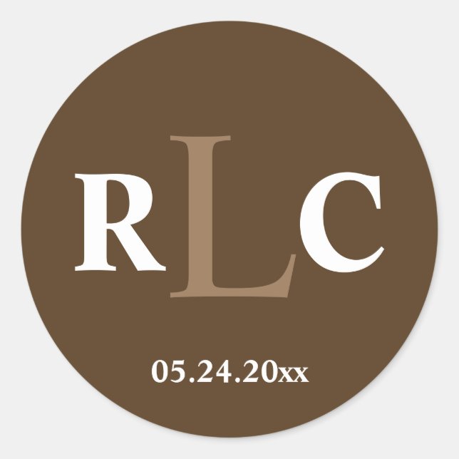 Mocha braun 3 initiale Monogramm-Gastgeschenk Hoch Runder Aufkleber (Vorderseite)