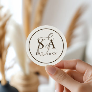 Mocha-Braun-Elfenbein-Monogramm-Altes-Geld-Hochzei Runder Aufkleber