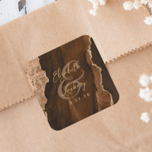Mocha-Braun-Gold-Achat-Script-Hochzeit Quadratischer Aufkleber