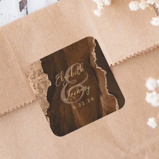Mocha-Braun-Gold-Achat-Script-Hochzeit Quadratischer Aufkleber (Von Creator hochgeladen)