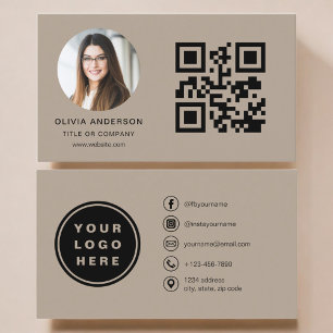 Mocha-Braune Fotokarte mit QR-Code für Social Medi Visitenkarte