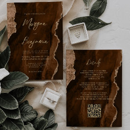 Mocha Brown Agate Gold Script QR Code Wedding Einladung