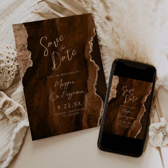 Mocha Brown Agate Script Wedding Save the Date Einladung (Von Creator hochgeladen)
