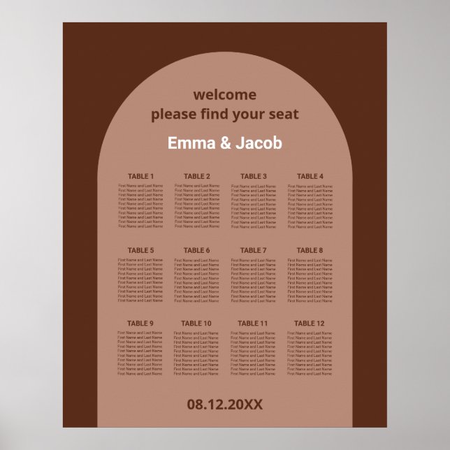 Mocha Brown Arch 12 Tabelle Seating Chart Poster (Vorne)