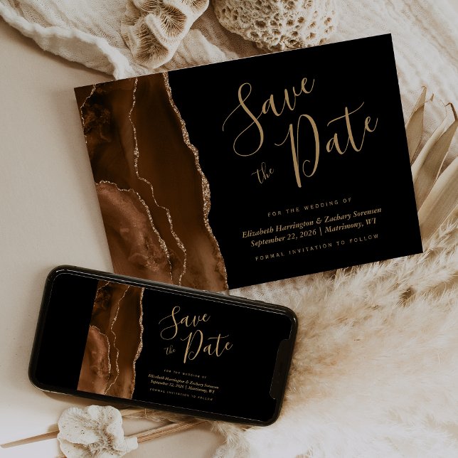 Mocha Brown Gold Agate Black Save the Date Card Einladung (Von Creator hochgeladen)