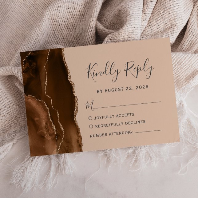 Mocha Brown Gold Agate Tan Wedding RSVP Karte (Von Creator hochgeladen)