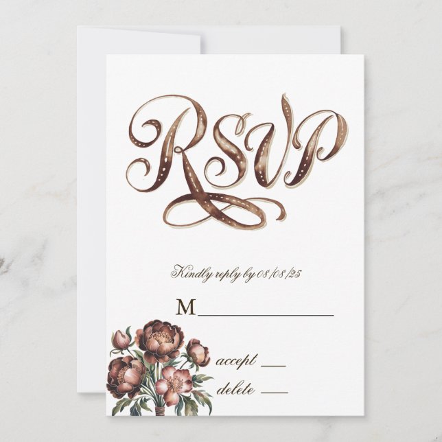 Mocha Brown Paint Peony Wedding RSVP Cards Einladung (Vorderseite)