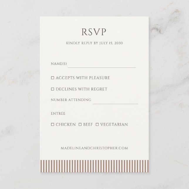 Mocha Brown Stripe Minimalist Wedding RSVP Begleitkarte (Vorderseite)