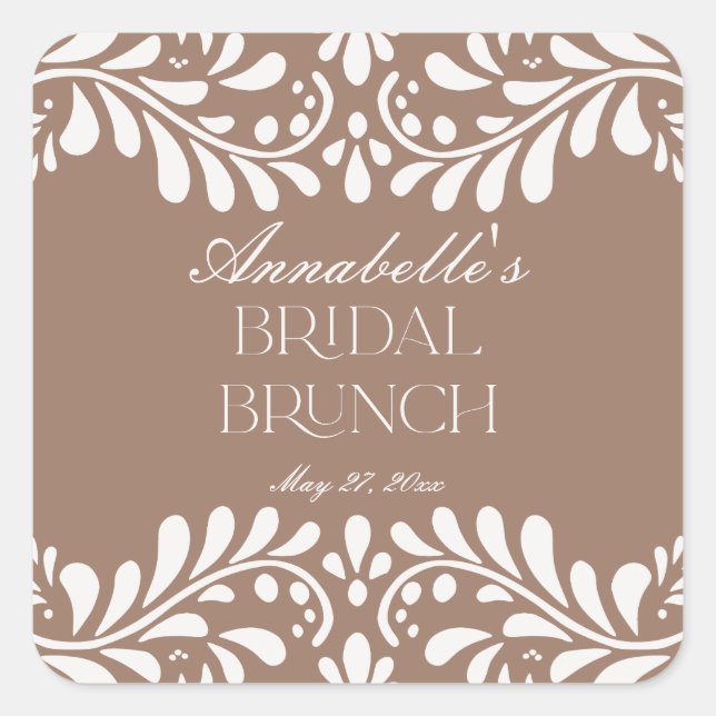 Mocha Brown Talavera Spanish Fiesta Bridal Brunch Quadratischer Aufkleber (Vorderseite)