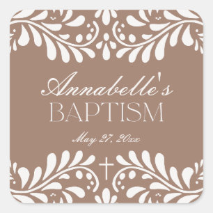 Mocha Brown Talavera Spanish Fiesta Taufe Gefallen Quadratischer Aufkleber