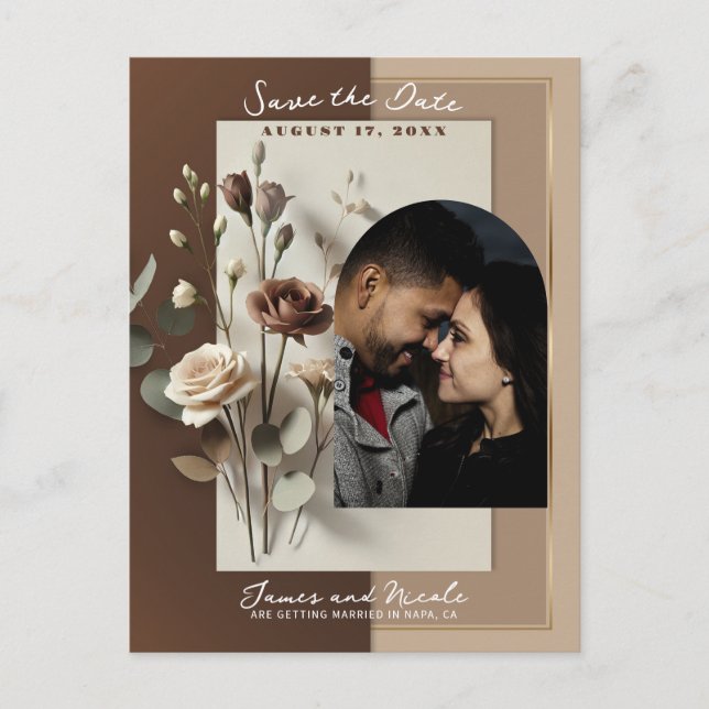 Mocha Café Au Lait Brown Neutral Floral Rett Date Ankündigungspostkarte (Vorderseite)