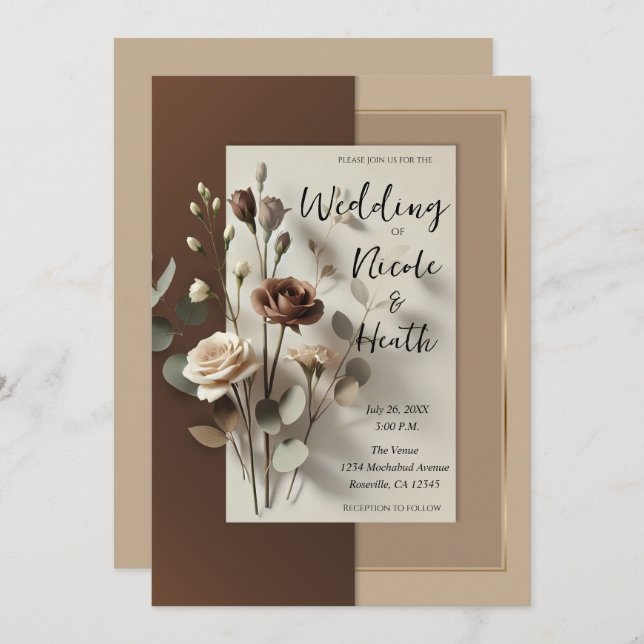 Mocha Café Au Lait Brown Neutral Floral Wedding Einladung (Vorne/Hinten)