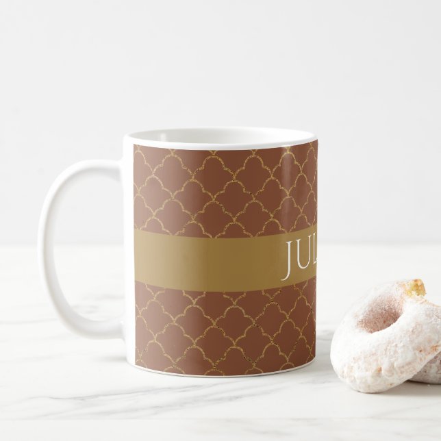 Mocha Gold Quatrefoil Personalisiert Kaffeetasse (Mit Donut)