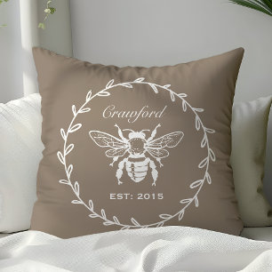 Mocha Honey Bee Laurel Honeycomb Monogram Kissen
