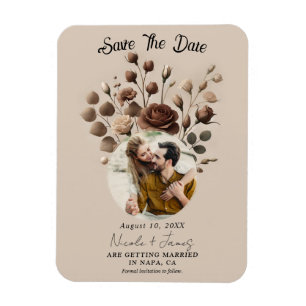 Mocha Mousse Beige Brown Floral Save the Date Magnet