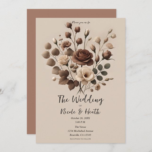 Mocha Mousse Beige Brown Floral Wedding Einladung (Vorne/Hinten)