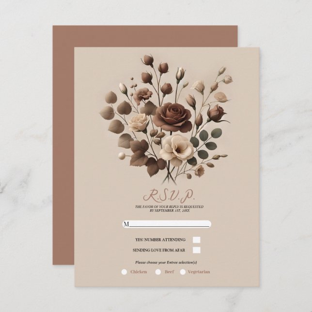 Mocha Mousse Beige Brown Floral Wedding RSVP Einladung (Vorne/Hinten)