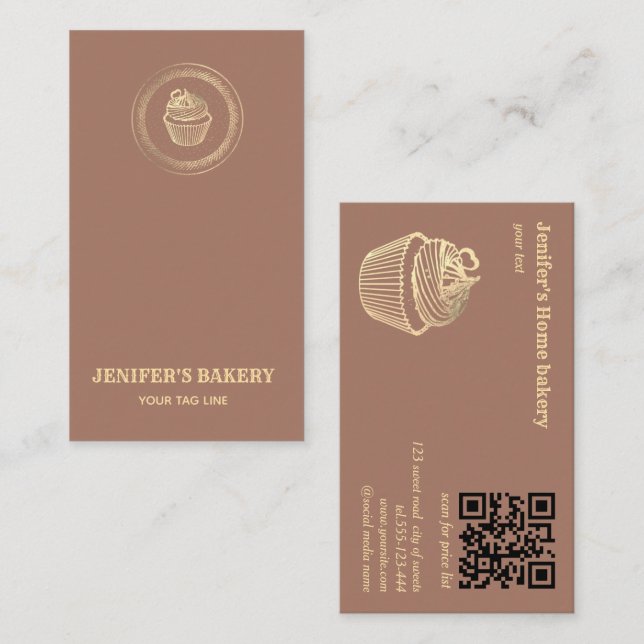 Mocha mousse gold cupcake Bäckerei QR Code Visitenkarte (Vorne/Hinten)