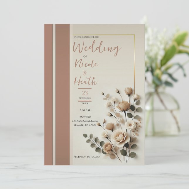 Mocha Mousse Neutral Floral Wedding Einladung (Stehend Vorderseite)