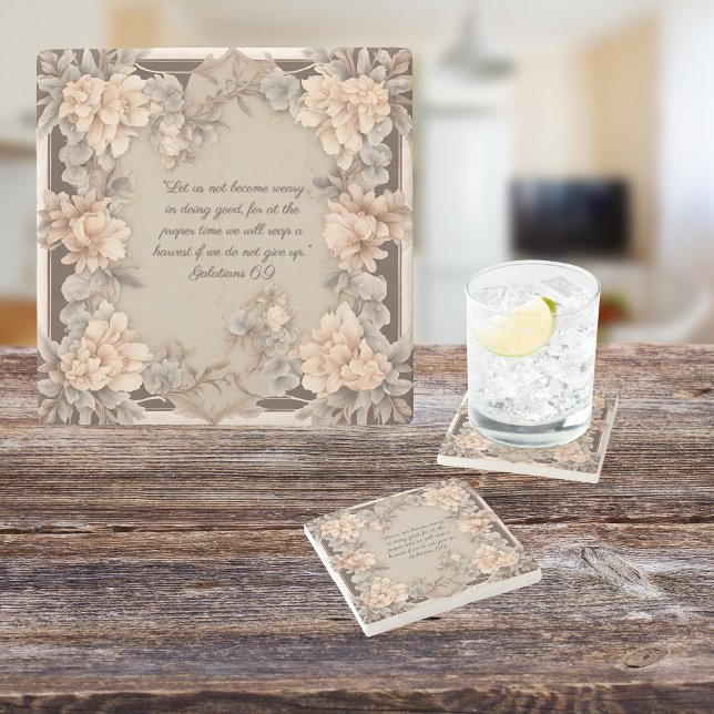Mocha Peach Floral Frame Bibel Verse Steinuntersetzer (Von Creator hochgeladen)