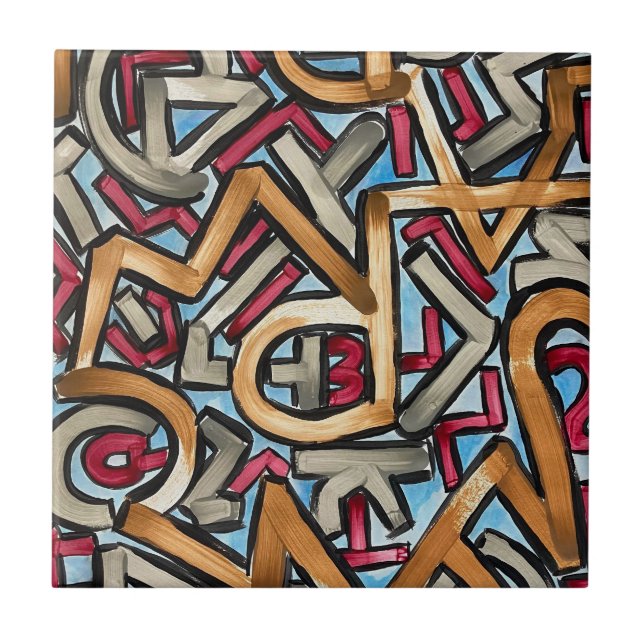 Mocha Rot Grau Geometrisch-Handgemalte Abstrakte K Fliese (Vorderseite)