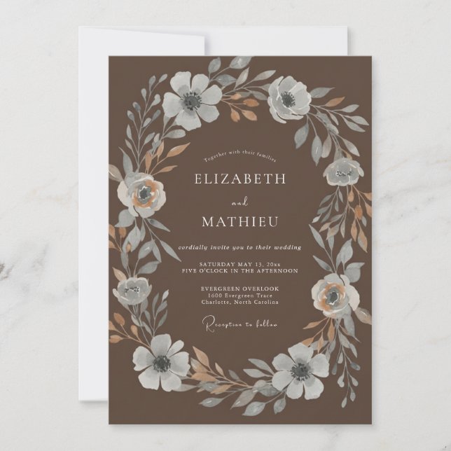 Mocha Silber Kranz Hochzeit Einladung (Vorderseite)