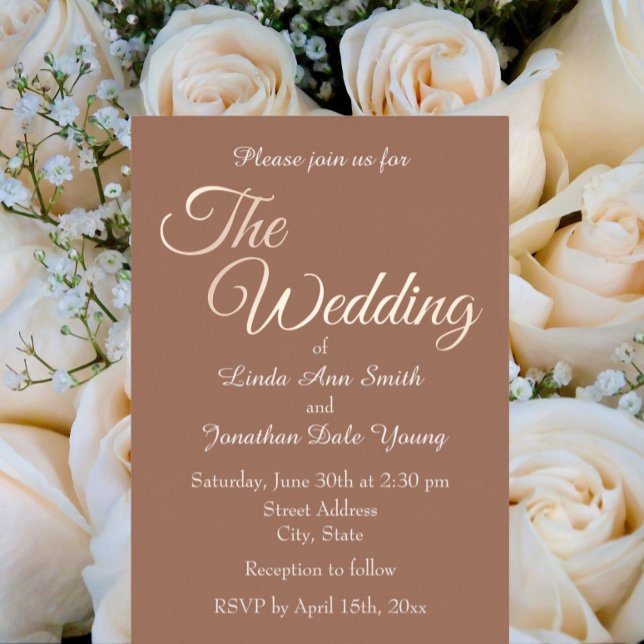 Mocha Simple Style Script Wedding Folieneinladung (In Situ Wedding)