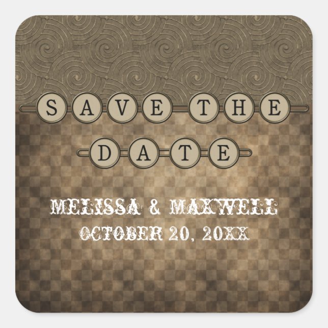 Mocha Steampunk Keys Save the Date Stickers (Vorderseite)