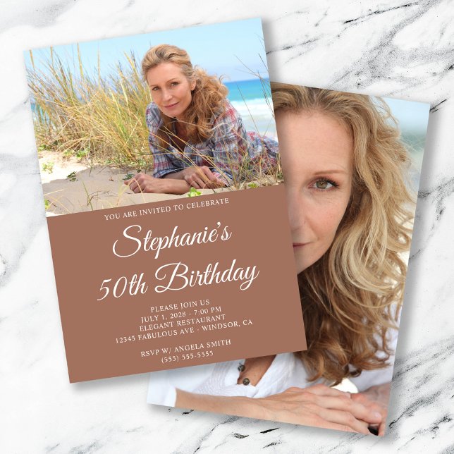 Mocha und White Elegant Script 50. Geburtstag Einladung (Mocha and White Elegant Script 50th Birthday Invitation)