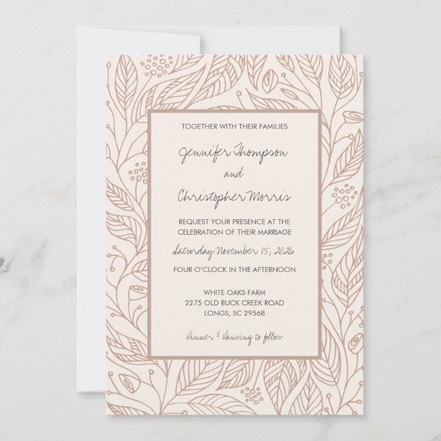 Mocha Whimsy Hand Drawn Foliage Wedding Einladung (Vorderseite)