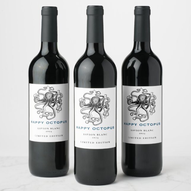 Mockup Happy Octopus Fun Custom Wine Labels Weinetikett (Flaschen)