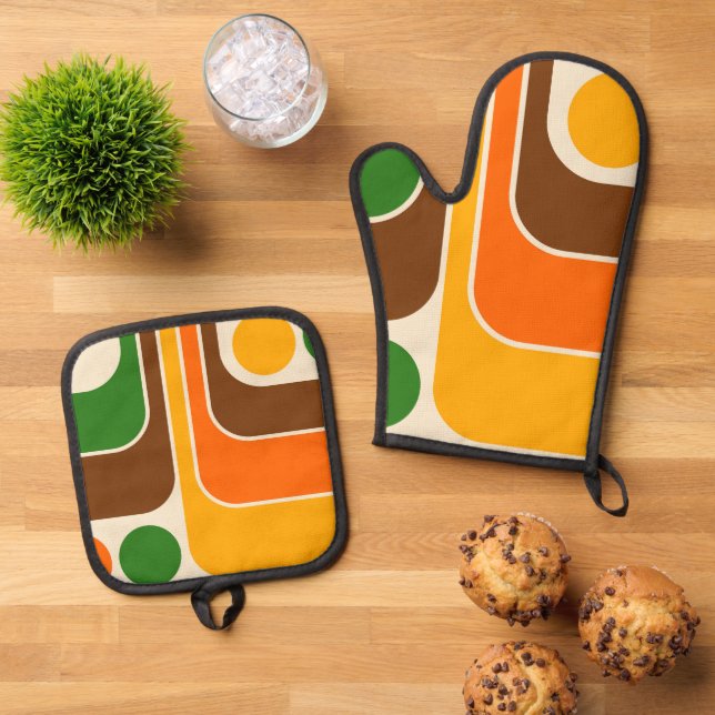 Mod 1970s Retro Style Geometric Design Ofenhandschuh & Topflappen-Set (Oben Unten)