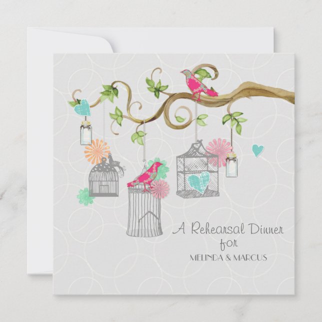 Mod Bird Cage Mason Jar Heart Floral Brautparty Einladung (Vorderseite)